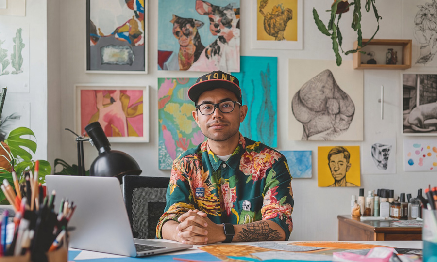 Emprendedor frente a su computadora en un estudio de arte.